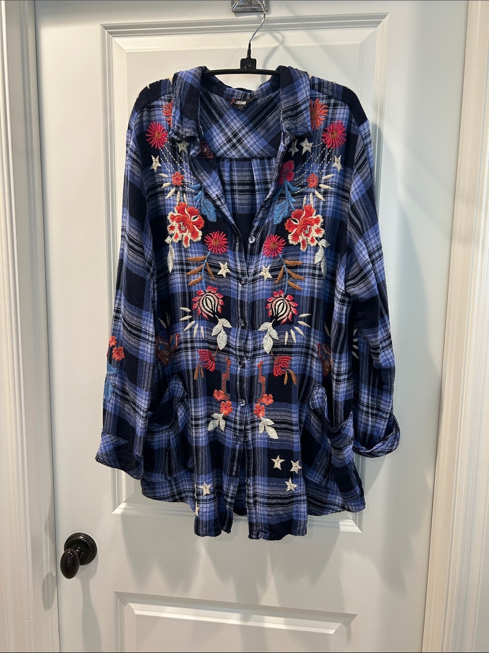 Johnny Was Blue Plaid Embroidered Button-Down Shirt